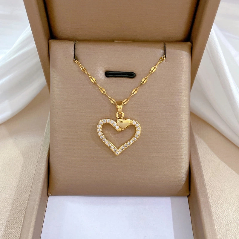 Simple Style Classic Style Geometric Heart Shape Titanium Steel Copper Zircon Pendant Necklace In Bulk