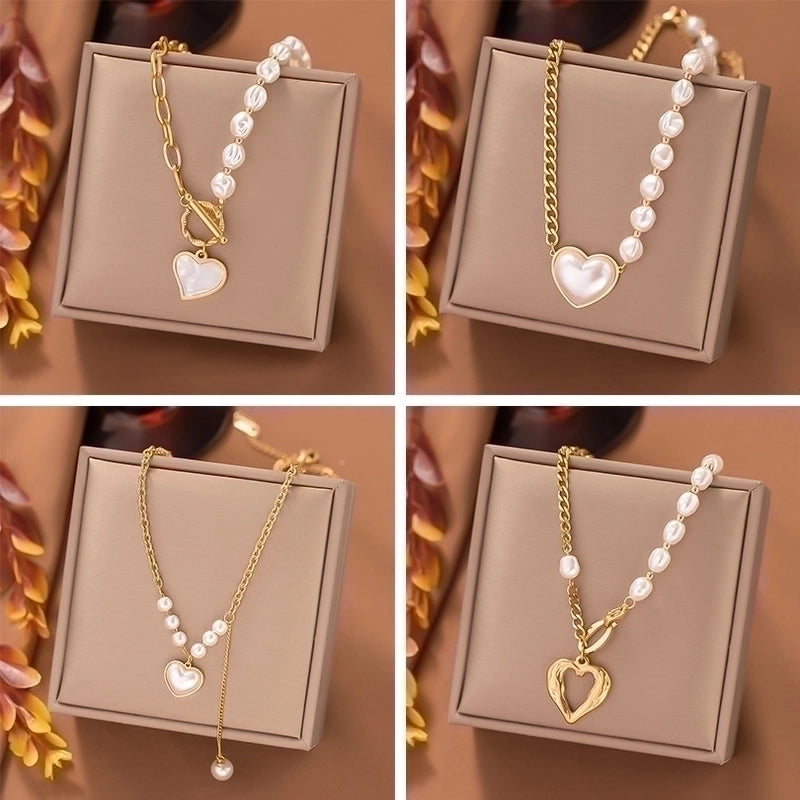 Simple Style Heart Shape Imitation Pearl Titanium Steel Beaded Plating Pendant Necklace