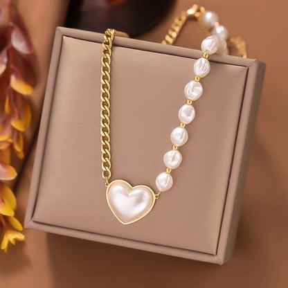 Simple Style Heart Shape Imitation Pearl Titanium Steel Beaded Plating Pendant Necklace