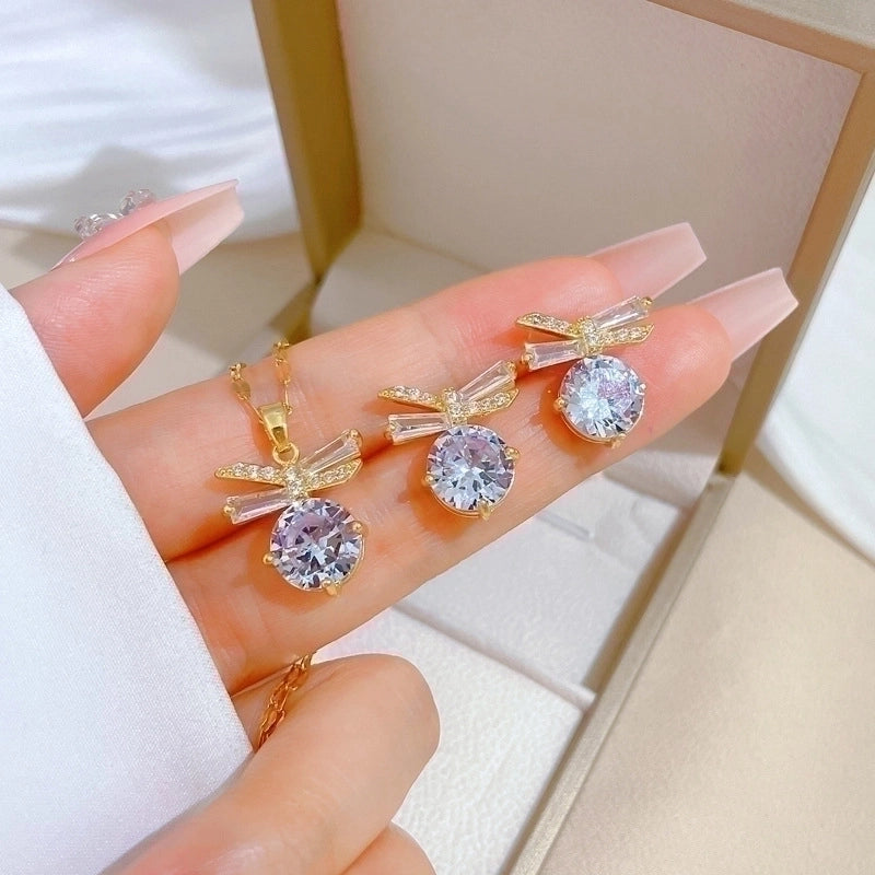 Simple Style Rhombus Bow Knot Copper Plating Inlay Zircon Jewelry Set