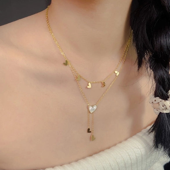 Sweet Simple Style Heart Shape Titanium Steel Plating Inlay Shell 18k Gold Plated Layered Necklaces