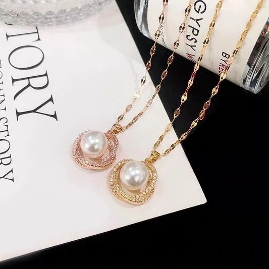 Wholesale Elegant Round Titanium Steel Artificial Pearls Zircon Rings Necklace