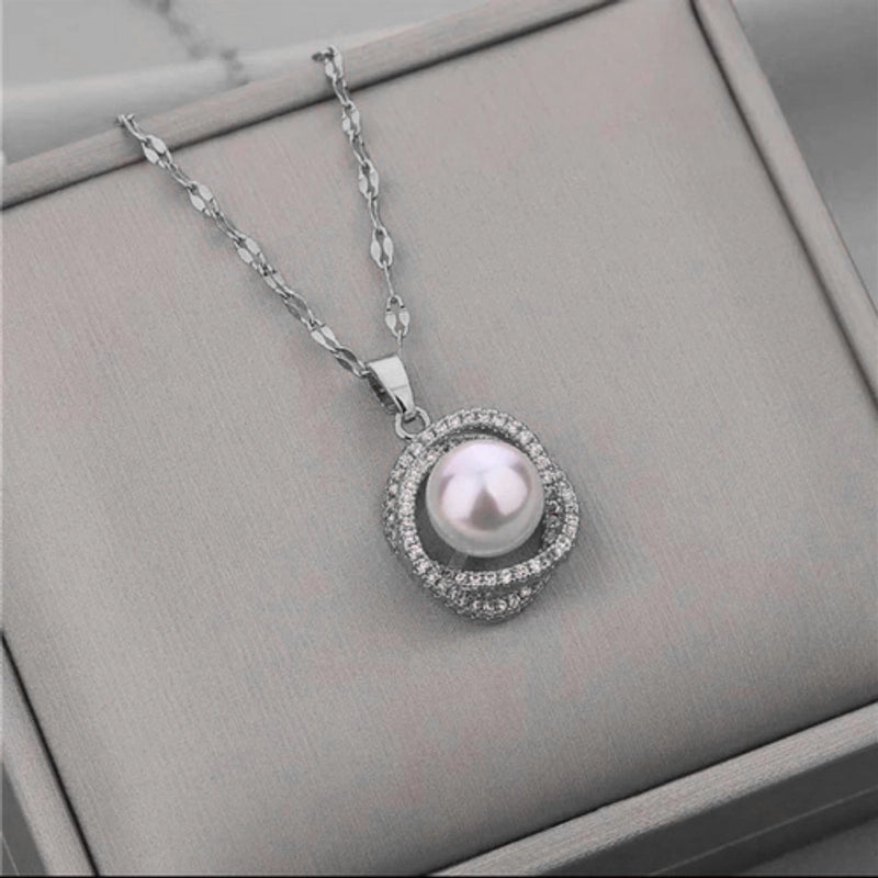 Wholesale Elegant Round Titanium Steel Artificial Pearls Zircon Rings Necklace