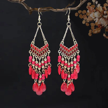 A Pack Of 12 Pairs Ethnic Style Bohemian Geometric Tassel Enamel Arylic Alloy Seed Bead Drop Earrings