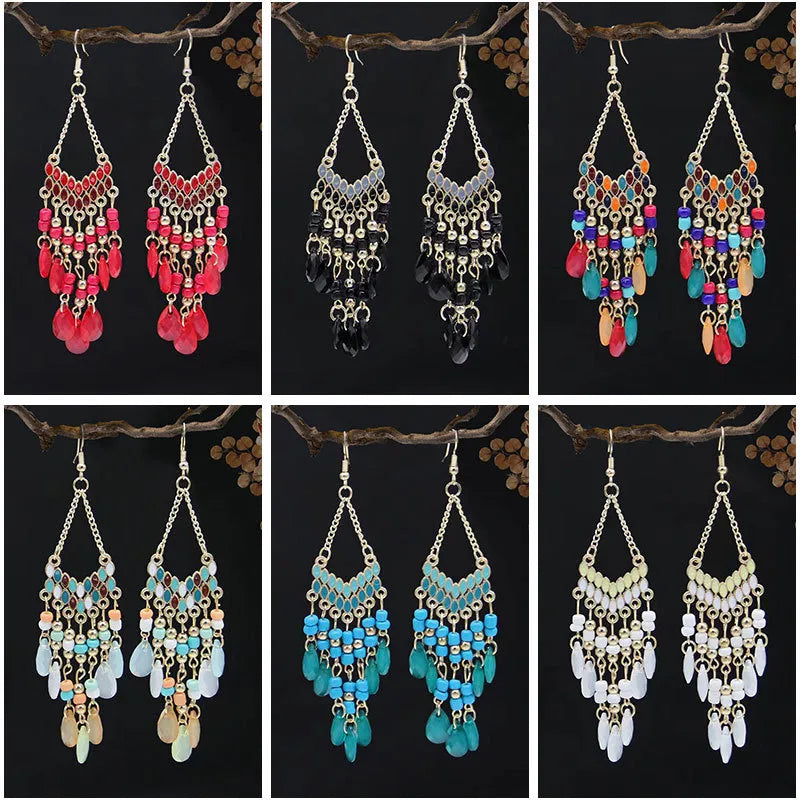 A Pack Of 12 Pairs Ethnic Style Bohemian Geometric Tassel Enamel Arylic Alloy Seed Bead Drop Earrings