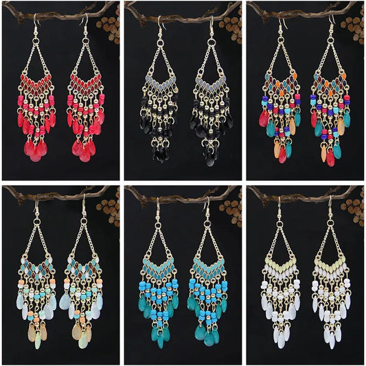 A Pack Of 12 Pairs Ethnic Style Bohemian Geometric Tassel Enamel Arylic Alloy Seed Bead Drop Earrings