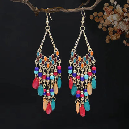 A Pack Of 12 Pairs Ethnic Style Bohemian Geometric Tassel Enamel Arylic Alloy Seed Bead Drop Earrings