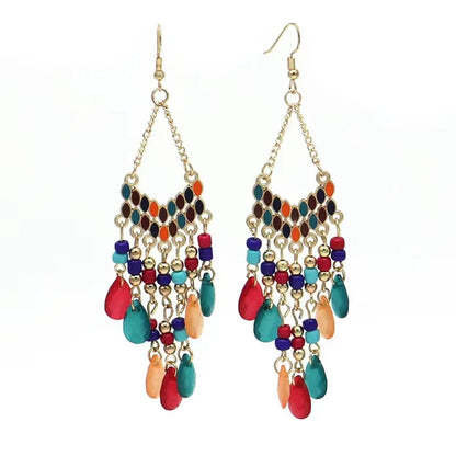 A Pack Of 12 Pairs Ethnic Style Bohemian Geometric Tassel Enamel Arylic Alloy Seed Bead Drop Earrings