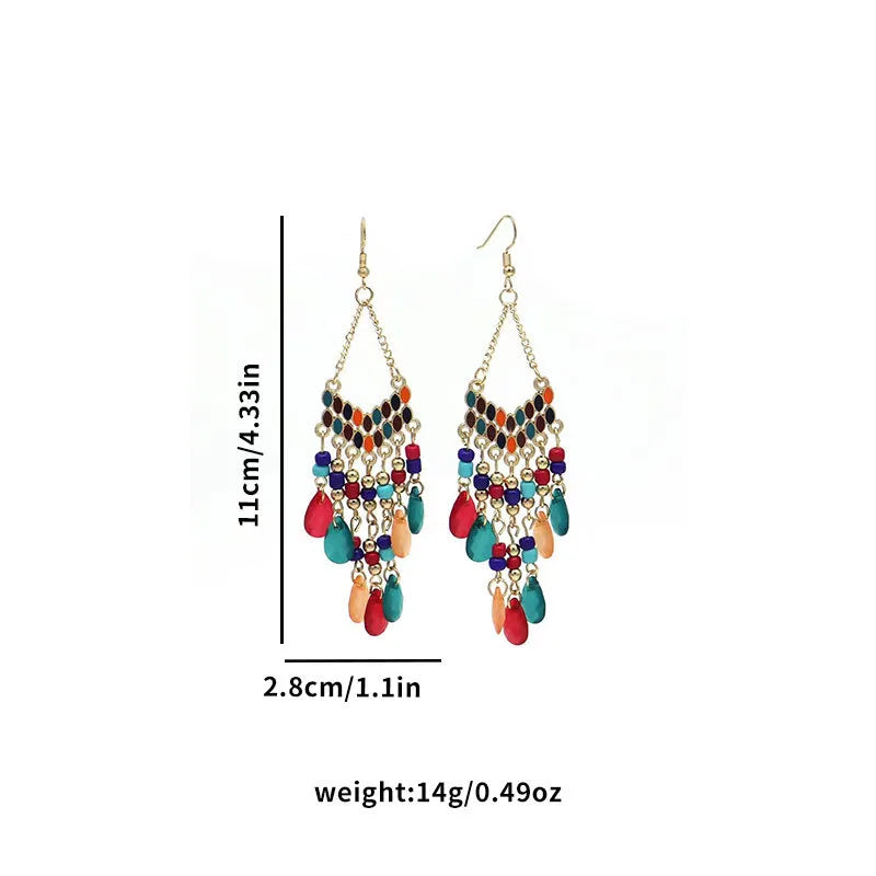 A Pack Of 12 Pairs Ethnic Style Bohemian Geometric Tassel Enamel Arylic Alloy Seed Bead Drop Earrings