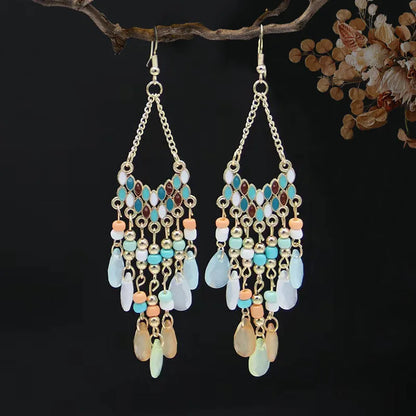 A Pack Of 12 Pairs Ethnic Style Bohemian Geometric Tassel Enamel Arylic Alloy Seed Bead Drop Earrings