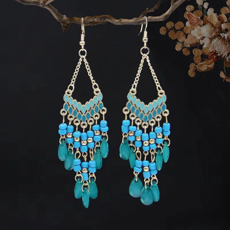 A Pack Of 12 Pairs Ethnic Style Bohemian Geometric Tassel Enamel Arylic Alloy Seed Bead Drop Earrings