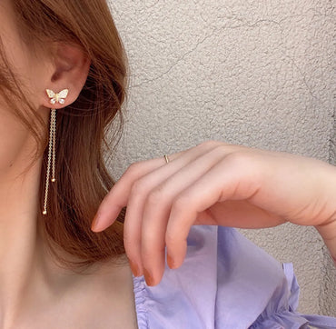 A Two-wear Butterfly Tassel Long Earrings Summer Alloy Earrings