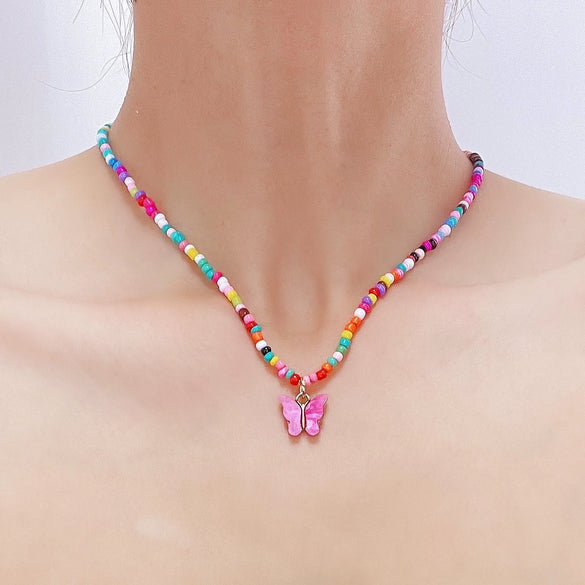 Accessories Collarbone Necklace Women's Bohemian Style Handmade Colorful Rice Beads And Coloured Glaze Geometric Necklace
