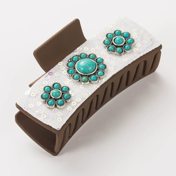 Accessories Silver Alloy Turquoise Clip Retro Leopard Print Sequin Leather Big Bow Inlay Style