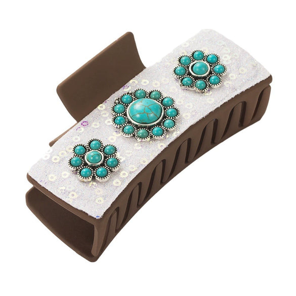 Accessories Silver Alloy Turquoise Clip Retro Leopard Print Sequin Leather Big Bow Inlay Style