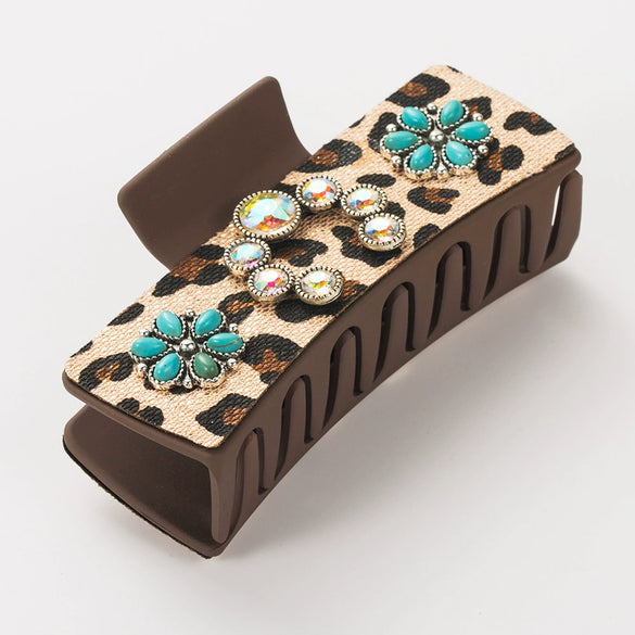 Accessories Silver Alloy Turquoise Clip Retro Leopard Print Sequin Leather Big Bow Inlay Style