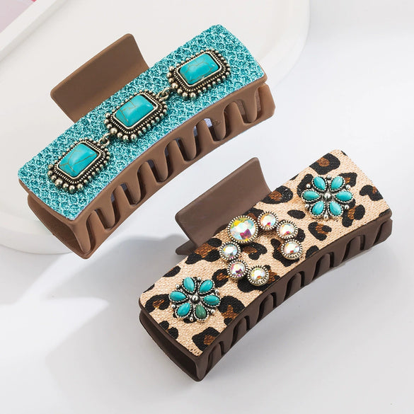 Accessories Silver Alloy Turquoise Clip Retro Leopard Print Sequin Leather Big Bow Inlay Style
