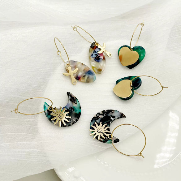 Acrylic And Stainless Steel Multishape Ear Ring With Love Leaves And Fivepointed Star Pattern Electroplated