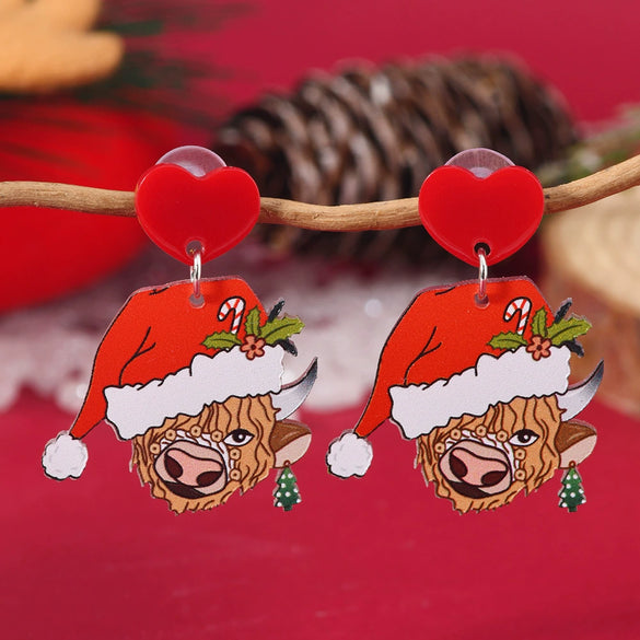 Acrylic Animal Cartoon Flower Cow Fashion Cute Unisex Minimalist Earrings For Christmas Decoration