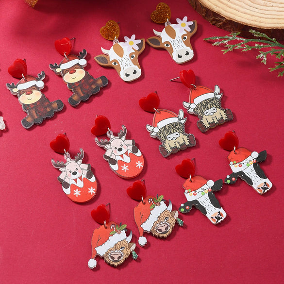 Acrylic Animal Cartoon Flower Cow Fashion Cute Unisex Minimalist Earrings For Christmas Decoration