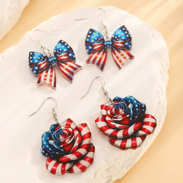 Acrylic Bow Earrings With Baking Paint American Flag Design For Women