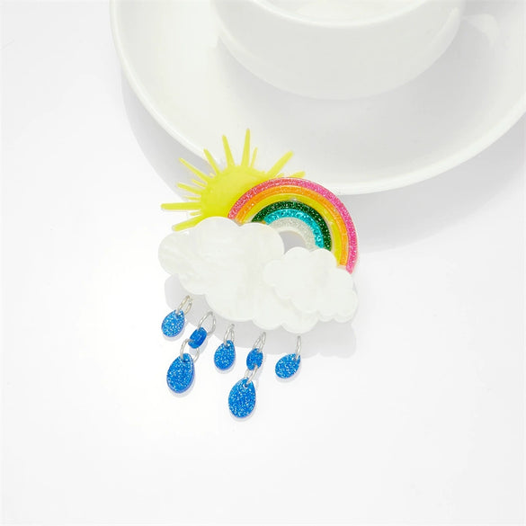 Acrylic Decorative Brooch With Clouds Rainbow Water Drops Sun Simulation Printing For Women