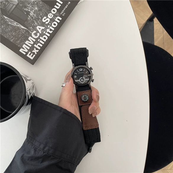 Adhesive Canvas Band Quartz Watch Alloy Case Ordinary Glass Mirror Leisure Style For Men And Middle School Students