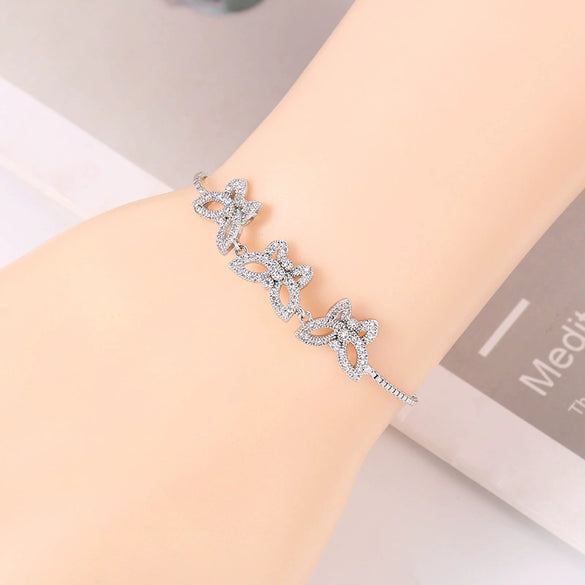 Adjustable Pull Zircon Copper Butterfly Shape Bracelet With Real Gold Plating And Micro Inlay For Women