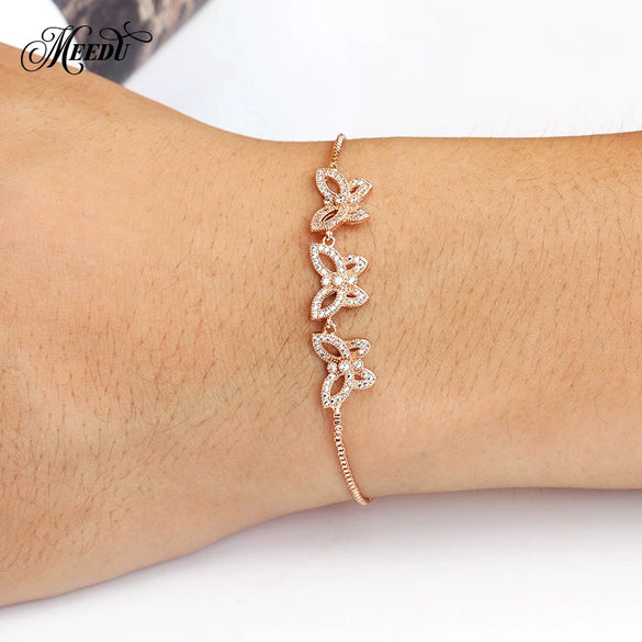 Adjustable Pull Zircon Copper Butterfly Shape Bracelet With Real Gold Plating And Micro Inlay For Women