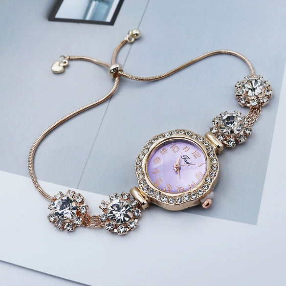 Adjustable Pullout Bracelet Quartz Watch For Women Alloy Material Flower Shape Dial Fashionable Style