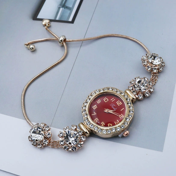 Adjustable Pullout Bracelet Quartz Watch For Women Alloy Material Flower Shape Dial Fashionable Style