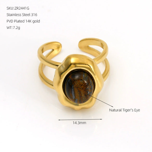 Adjustable Stainless Steel Open Ring With Natural Pearl And Tiger Eye Stone Irregular Oval Geometric Fashion Jewelry