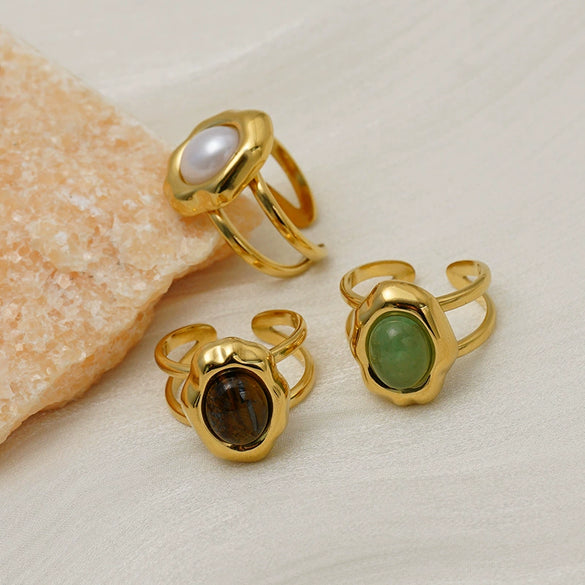 Adjustable Stainless Steel Open Ring With Natural Pearl And Tiger Eye Stone Irregular Oval Geometric Fashion Jewelry