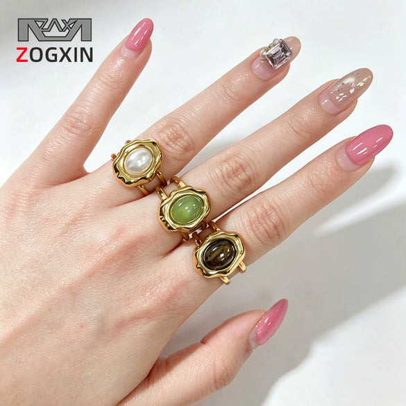Adjustable Stainless Steel Open Ring With Natural Pearl And Tiger Eye Stone Irregular Oval Geometric Fashion Jewelry