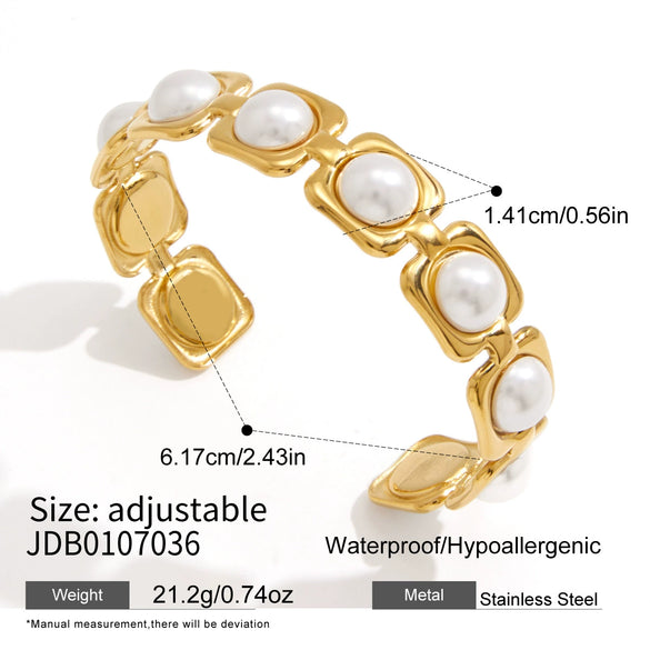 Adjustable Stainless Steel Pearl Open Cuff Bracelet With Electroplated Finish Minimalist Colorfast Jewelry