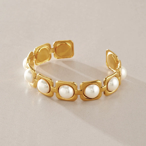 Adjustable Stainless Steel Pearl Open Cuff Bracelet With Electroplated Finish Minimalist Colorfast Jewelry