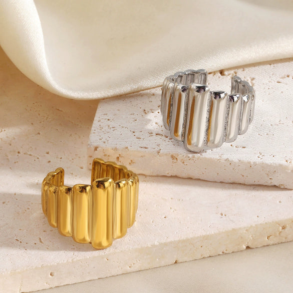 Adjustable Stainless Steel Ring For Women With Irregular Vertical Stripe Lines Geometric Minimalist Electroplated Design