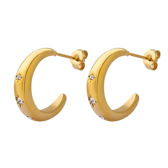 All Match Non Fading Light Luxury Inlaid Zircon C Shaped Titanium Steel Gold Plated Earrings For Women