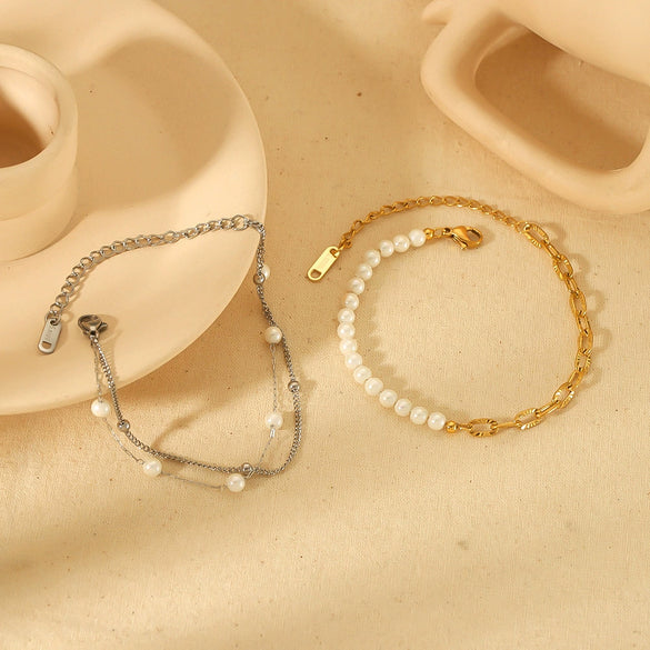 Allmatch Imitation Pearl Women's Geometry Style Electroplated Stainless Steel Bracelet