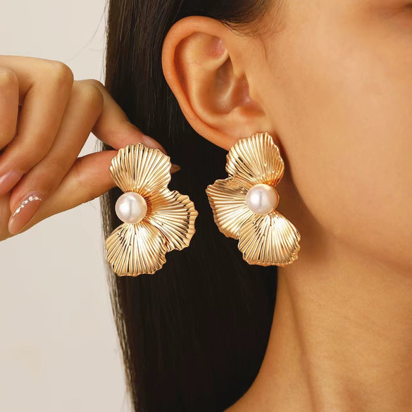 Allmatch Inlaid Pearl Flower Leaf Earrings For Women Alloy Electroplating Style Plants Flowers