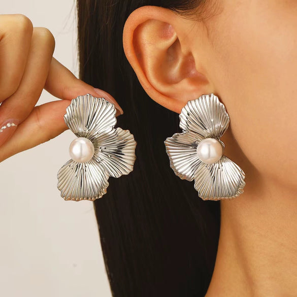 Allmatch Inlaid Pearl Flower Leaf Earrings For Women Alloy Electroplating Style Plants Flowers