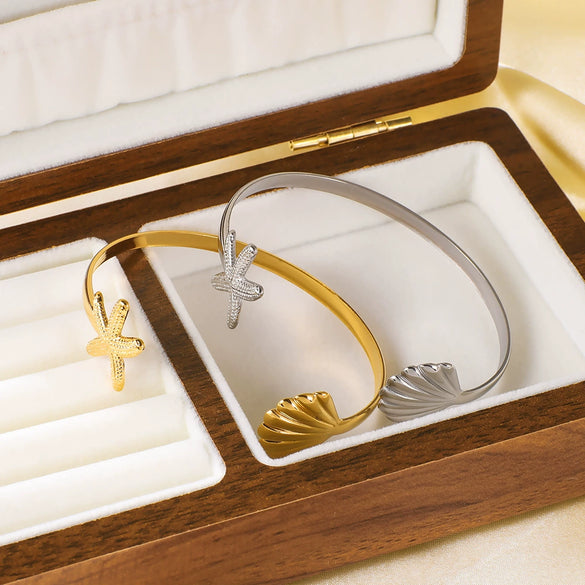 Allmatch Marine Elements Starfish Scallop Opening Adjustable Fashion Stainless Steel Bracelet With 18K Furnace Vacuum Plating