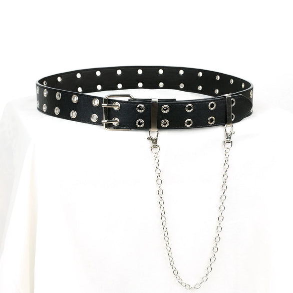 Allmatch Metal Chain Belt With Doublerow Air Eye Rivets Imitation Leather Hiphop Style