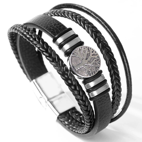Allmatch Multilayer Woven Alloy And Pu Leather Bracelet With Geometric Pattern And Electroplating Treatment