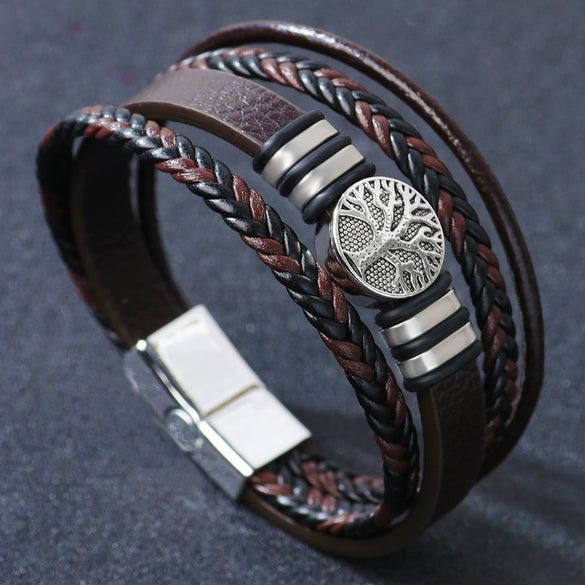 Allmatch Multilayer Woven Alloy And Pu Leather Bracelet With Geometric Pattern And Electroplating Treatment