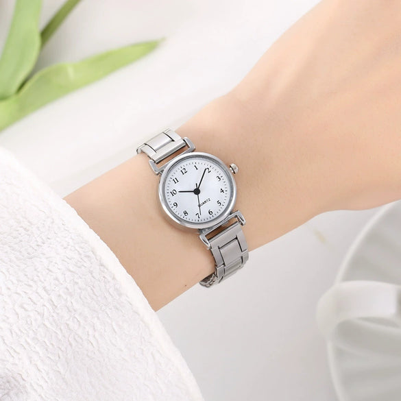 Allmatch Quartz Watch Alloy Case Steel Strip Strap Stainless Steel Clasp Round Dial Small Fresh Style