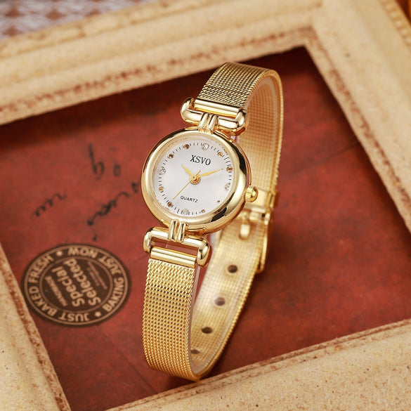 Allmatch Quartz Watch For Female Students With Rhinestone Scale Round Dial Mesh Band And Alloy Material