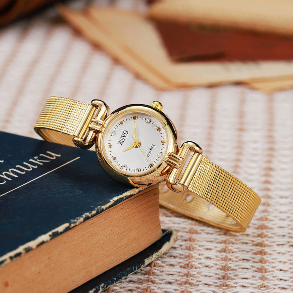 Allmatch Quartz Watch For Female Students With Rhinestone Scale Round Dial Mesh Band And Alloy Material