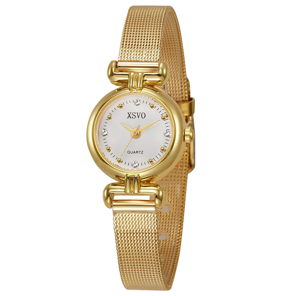 Allmatch Quartz Watch For Female Students With Rhinestone Scale Round Dial Mesh Band And Alloy Material