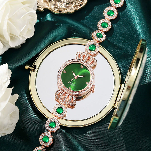 Allmatch Retro Quartz Watch For Women Peacock Green Alloy Case And Strap Round Dial Stainless Steel Buckle